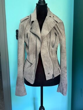 Light Gray Distressed Faux Suede Moto Jacket Asymmetrical Zip BNCI Blanc Noir S
